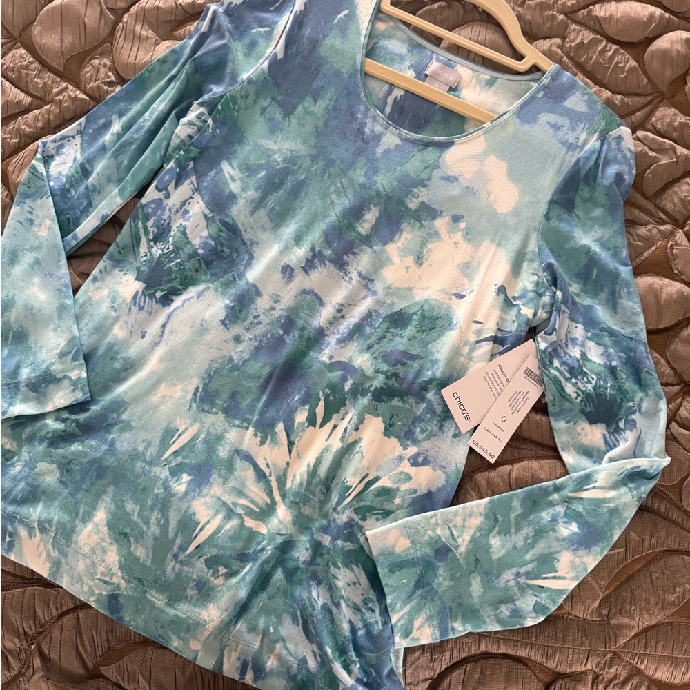 Chico's Teal and White Long Sleeve Top - Picture 3 of 5